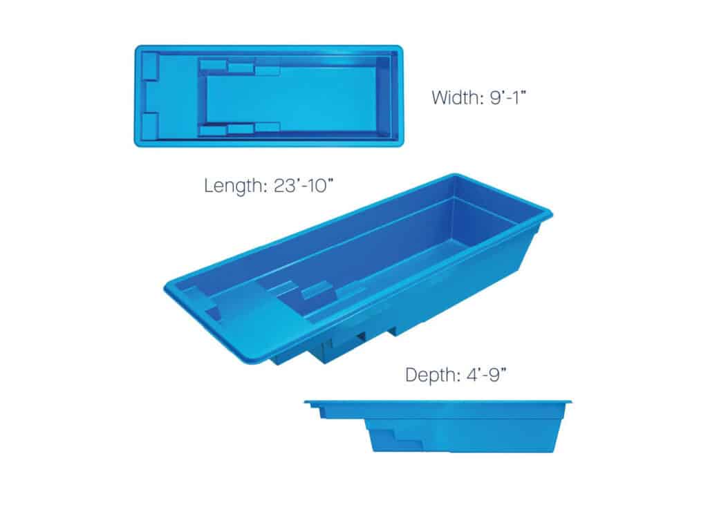 A blue rectangular container displayed from different angles, showing its dimensions: width of 9 feet 1 inch, length of 23 feet 10 inches, and depth of 4 feet 9 inches.