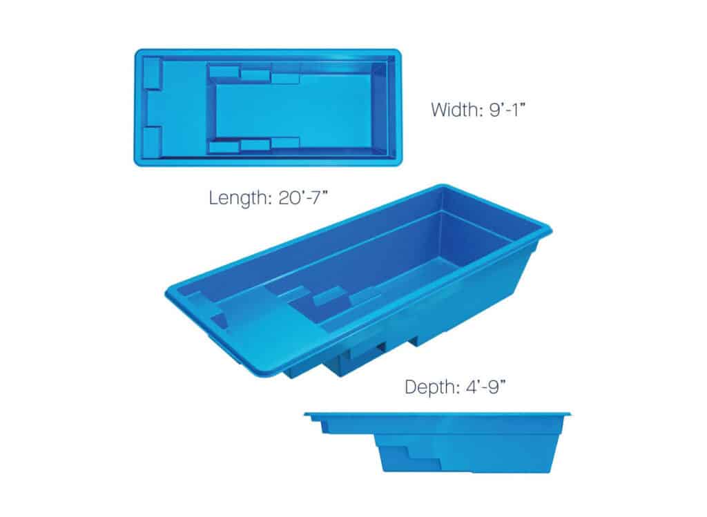 A blue plastic container displayed from different angles, showing its dimensions: width of 9'1", length of 20'7", and depth of 4'9". The container has a rectangular design with internal sections.