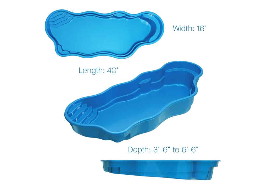 A plastic swimming pool in a blue color, shaped like a large pond. The pool's dimensions are indicated: width of 16 inches, length of 40 inches, and a depth ranging from 3 feet 6 inches to 6 feet 6 inches.