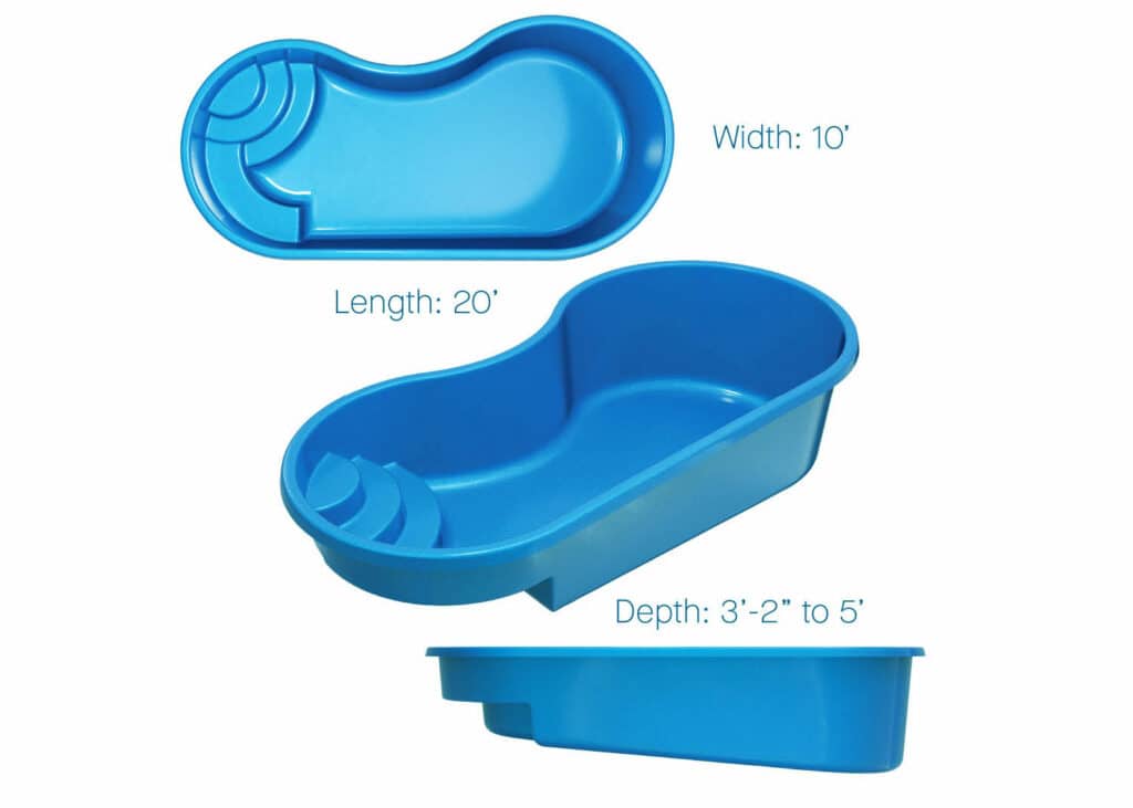 A blue plastic pool shaped like a foot, showing dimensions with width, length, and depth specifications. The width is 10 feet, length is 20 feet, and depth ranges from 3 feet 2 inches to 5 feet.