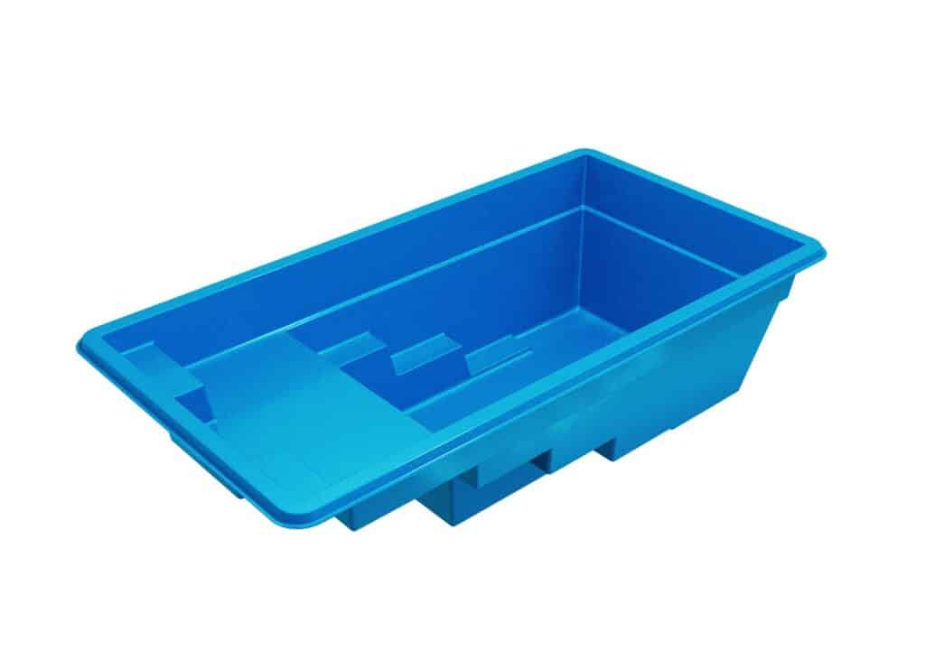 A blue plastic bin with a rectangular shape and internal compartments, designed for storage or organizing items.